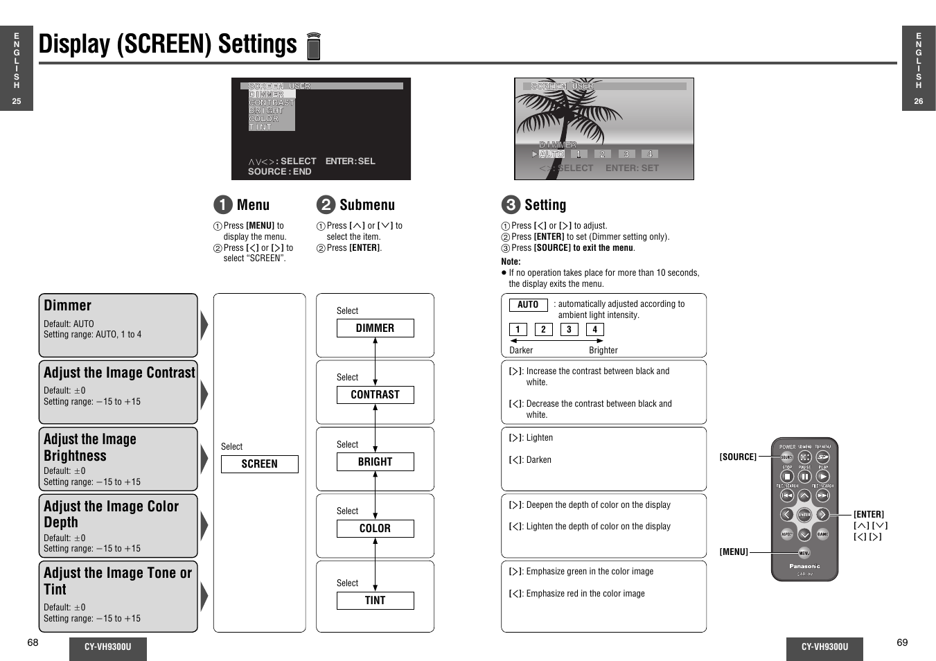 Display (screen) settings, Menu dimmer, Setting | Adjust the image contrast, Adjust the image brightness, Adjust the image color depth, Adjust the image tone or tint, Submenu | Panasonic CY-VH9300U User Manual | Page 35 / 83