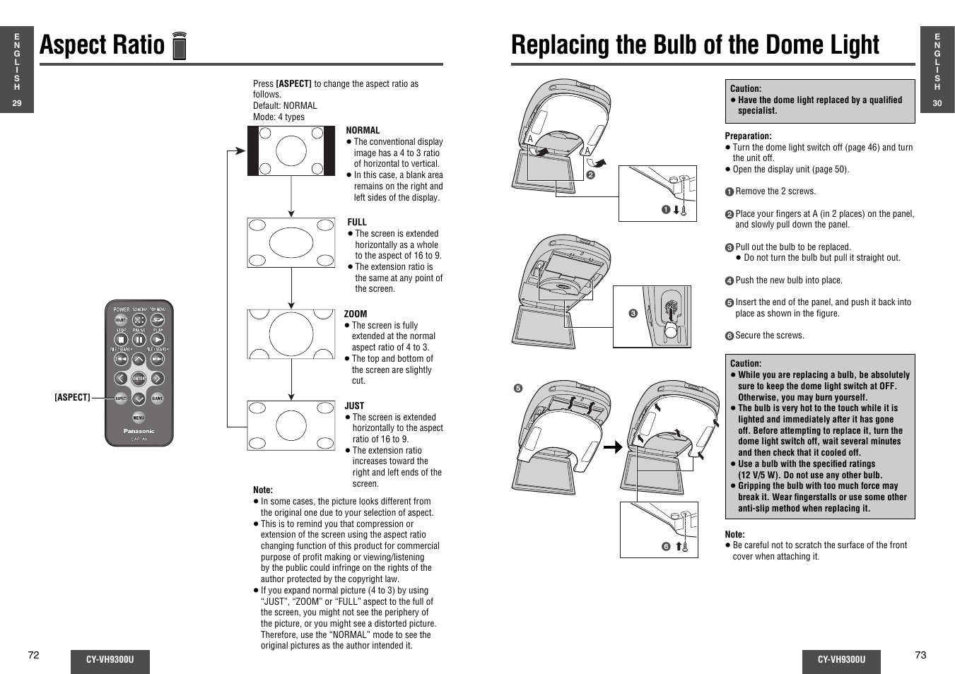 Aspect ratio, Replacing the bulb of the dome light | Panasonic CY-VH9300U User Manual | Page 37 / 83