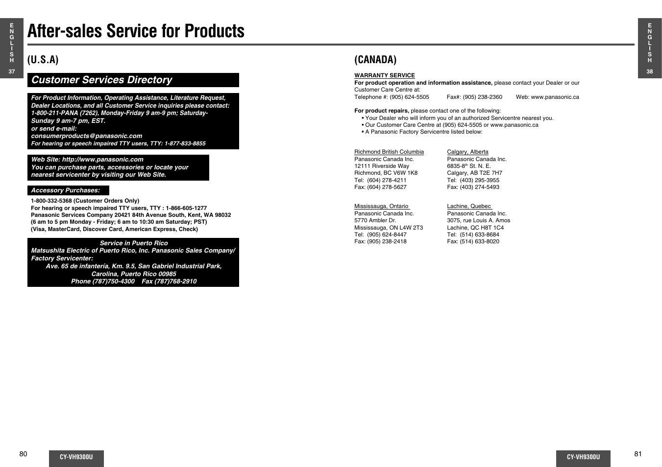 After-sales service for products, Customer services directory, U.s.a) (canada) | Panasonic CY-VH9300U User Manual | Page 41 / 83
