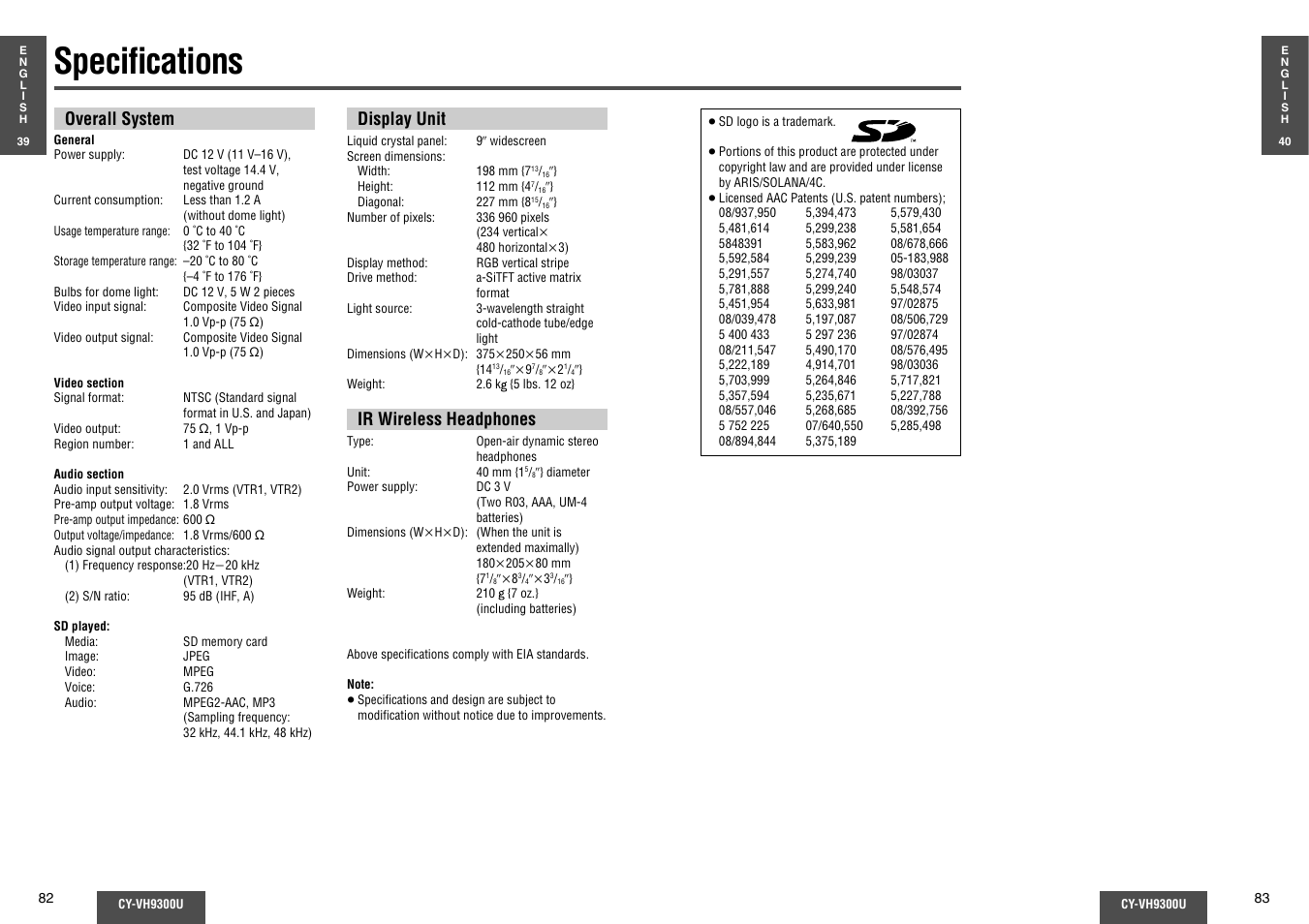 Specifications, Specifi cations | Panasonic CY-VH9300U User Manual | Page 42 / 83