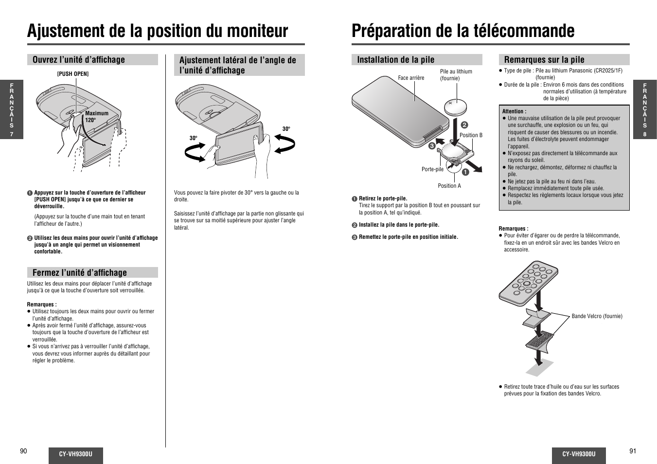 Ajustement de la position du moniteur, Preparation de la telecommande, Préparation de la télécommande | Panasonic CY-VH9300U User Manual | Page 46 / 83
