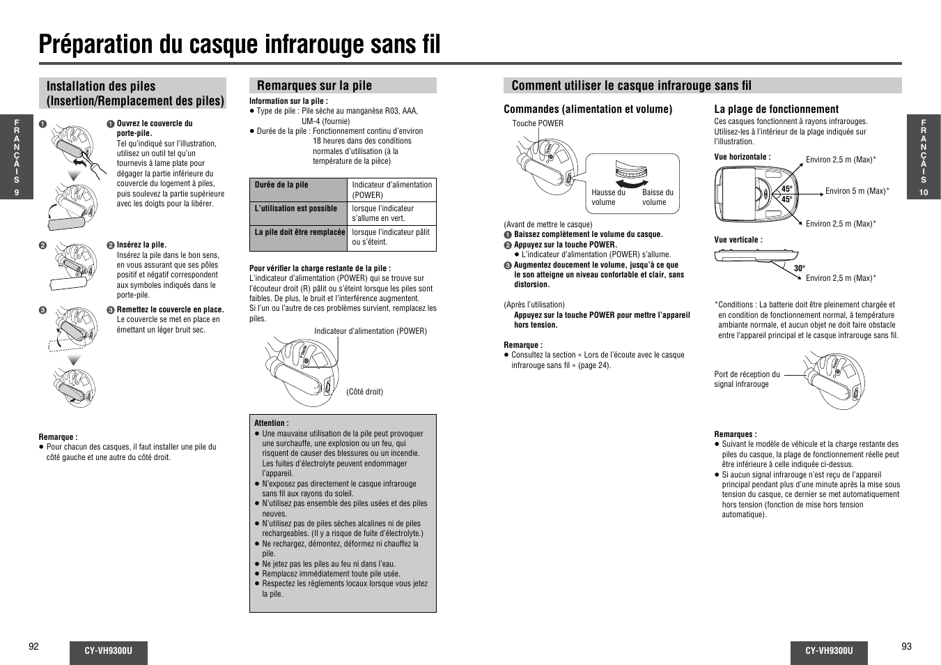 Preparation du casque infrarouge sans fil, Préparation du casque infrarouge sans fi l, Power | Comment utiliser le casque infrarouge sans fi l | Panasonic CY-VH9300U User Manual | Page 47 / 83