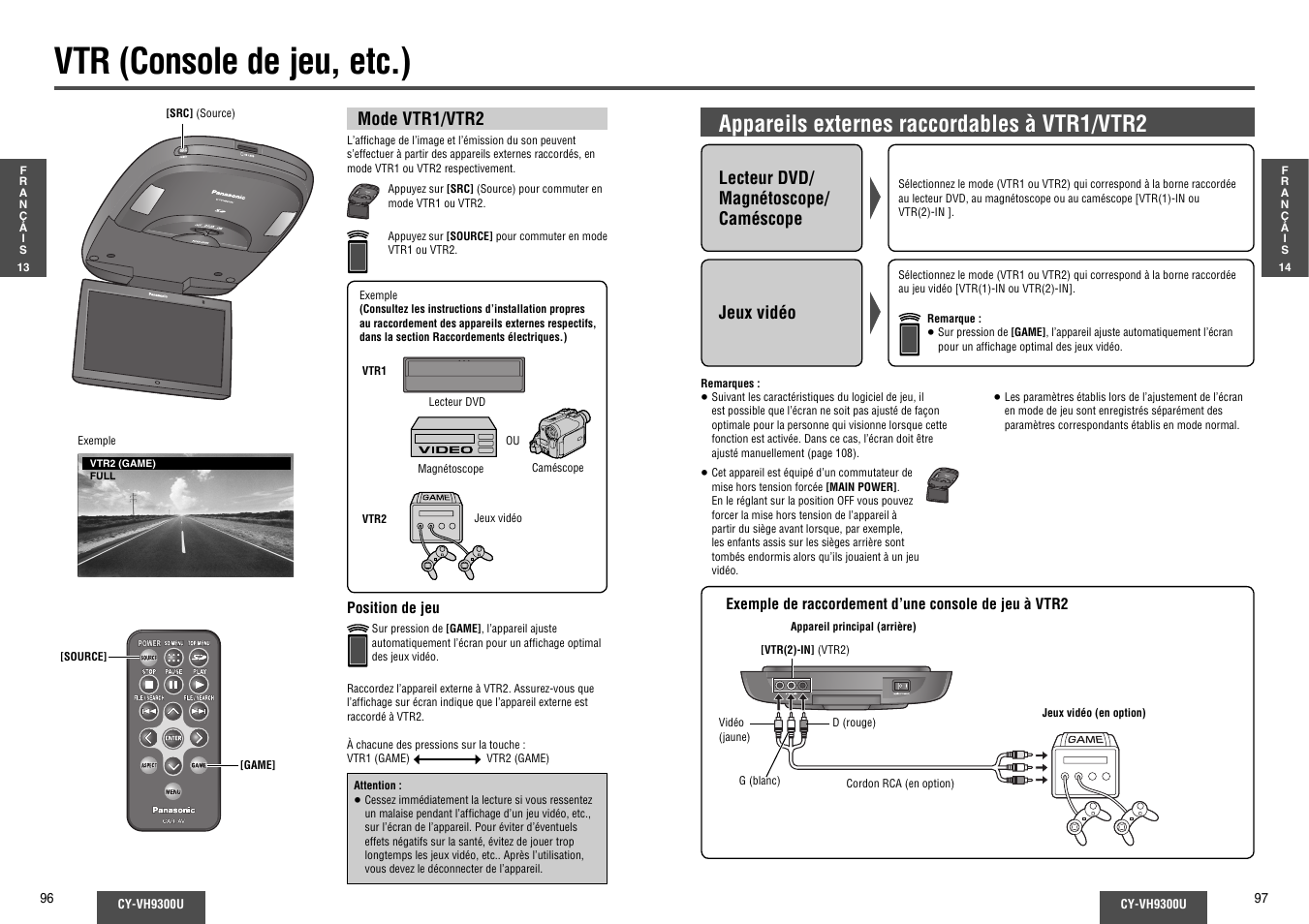 Vtr (console de jeu, etc.), Appareils externes raccordables à vtr1/vtr2 | Panasonic CY-VH9300U User Manual | Page 49 / 83