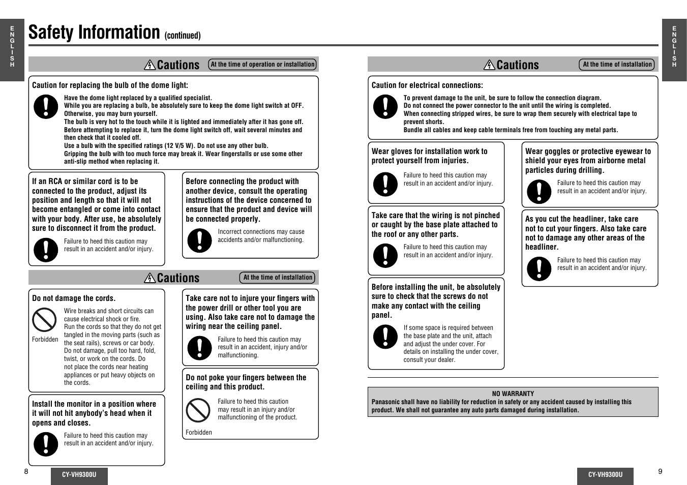 Safety information, Cautions | Panasonic CY-VH9300U User Manual | Page 5 / 83