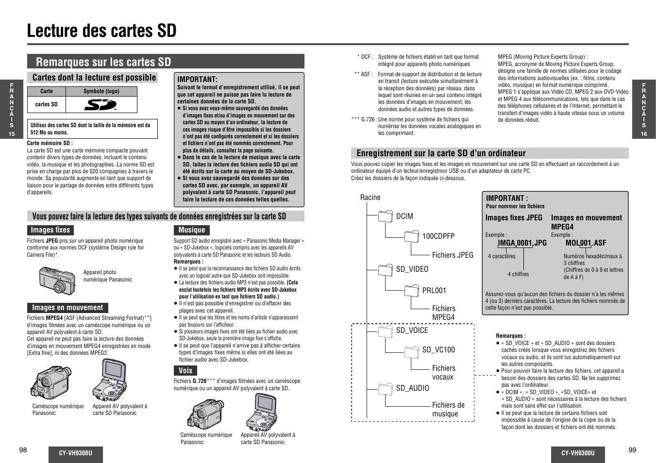Lecture des cartes sd, Remarques sur les cartes sd | Panasonic CY-VH9300U User Manual | Page 50 / 83