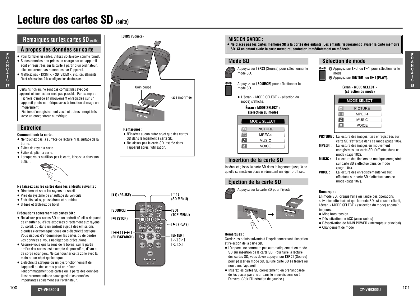 Lecture des cartes sd, Remarques sur les cartes sd | Panasonic CY-VH9300U User Manual | Page 51 / 83