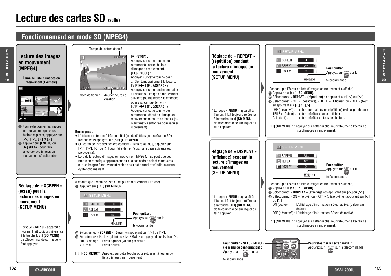 Lecture des cartes sd, Fonctionnement en mode sd (mpeg4), Suite) | Lecture des images en mouvement [mpeg4 | Panasonic CY-VH9300U User Manual | Page 52 / 83