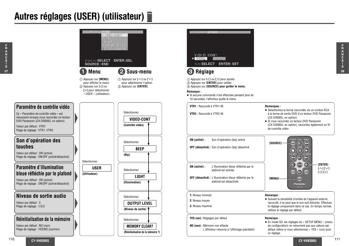 Autres reglages (user) (utilisateur), Autres réglages (user) (utilisateur), Menu paramètre de contrôle vidéo | Réglage son d’opération des touches, Niveau de sortie audio, Sous-menu, Réinitialisation de la mémoire | Panasonic CY-VH9300U User Manual | Page 56 / 83