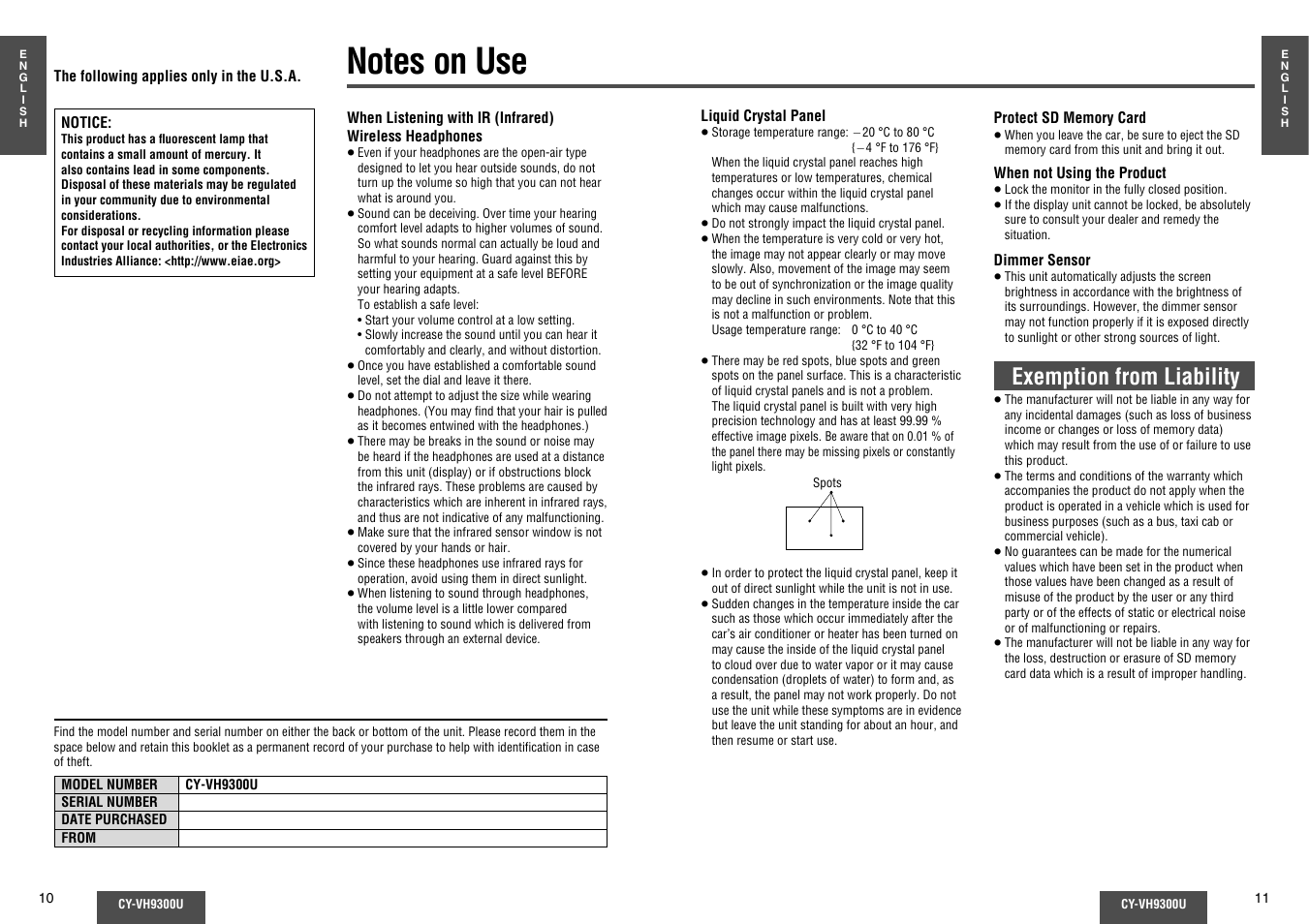 Notes on use, Exemption from liability | Panasonic CY-VH9300U User Manual | Page 6 / 83