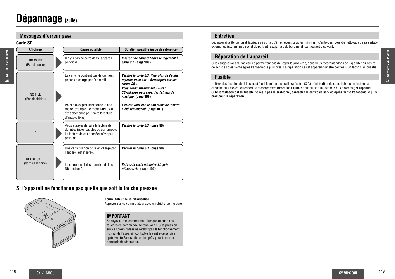 Dépannage | Panasonic CY-VH9300U User Manual | Page 60 / 83