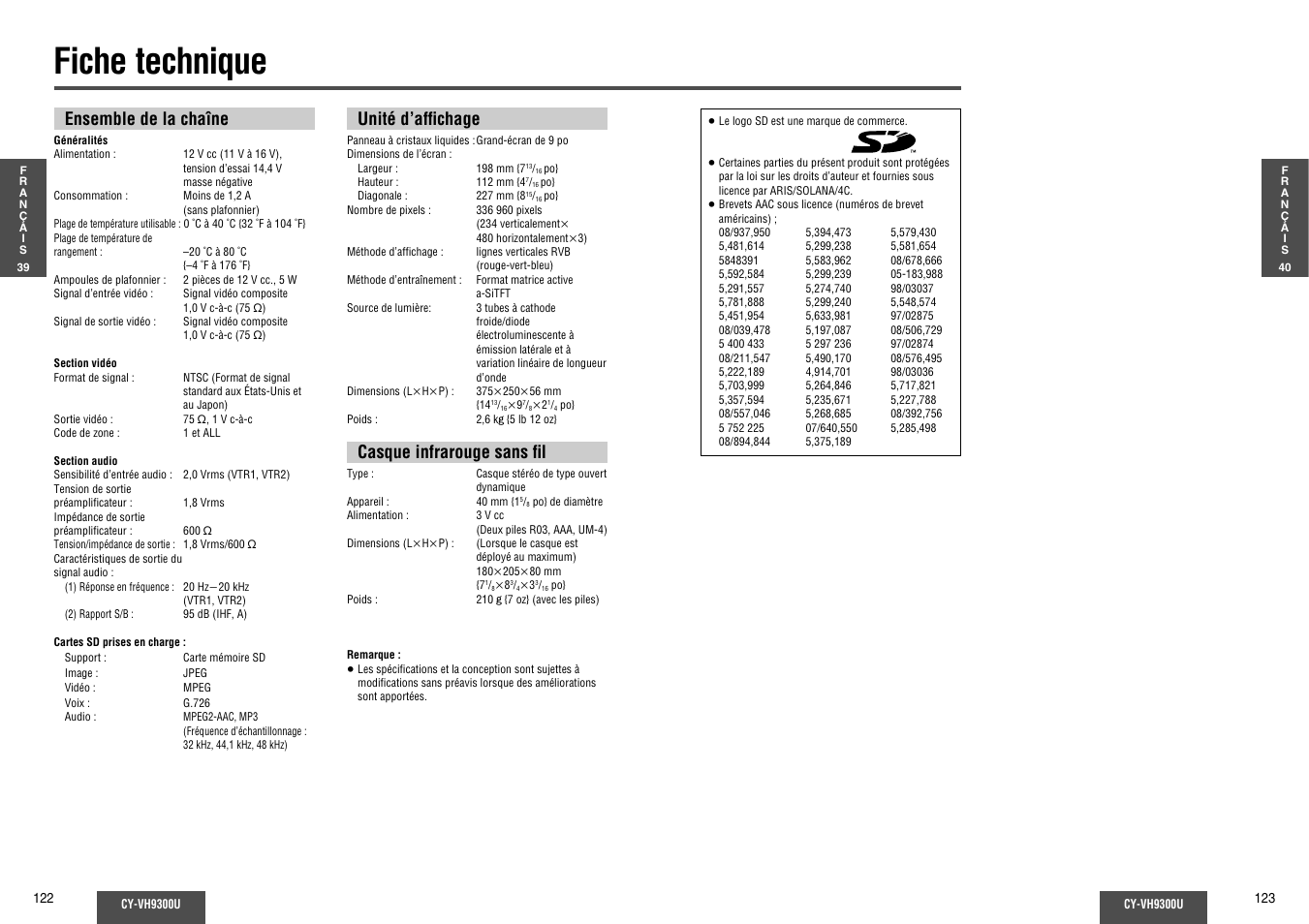 Fiche technique, Ensemble de la chaîne, Unité d’affi chage | Casque infrarouge sans fi l | Panasonic CY-VH9300U User Manual | Page 62 / 83