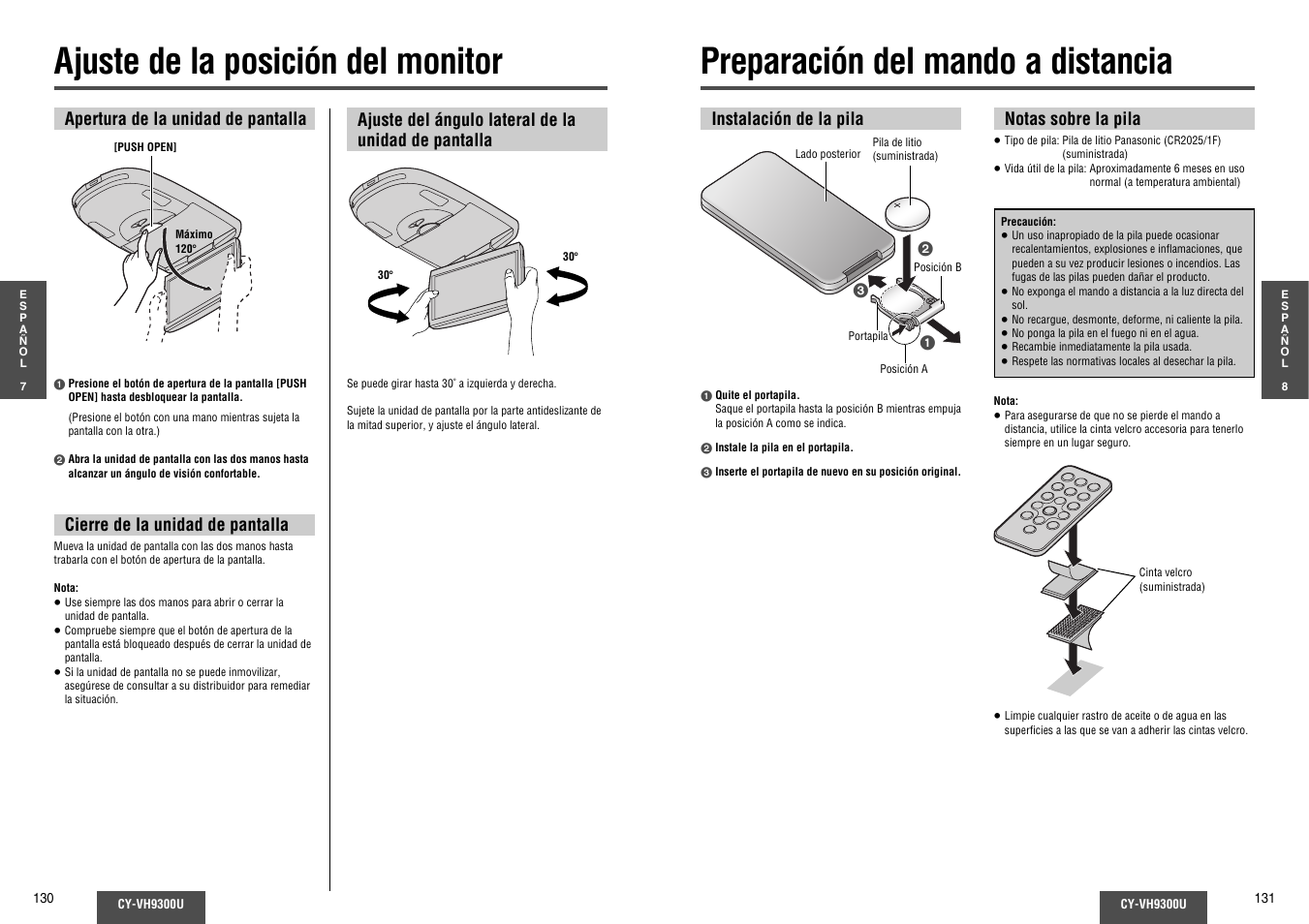 Ajuste de la posicion del monitor, Preparacion del mando a distancia, Preparación del mando a distancia | Ajuste de la posición del monitor | Panasonic CY-VH9300U User Manual | Page 66 / 83