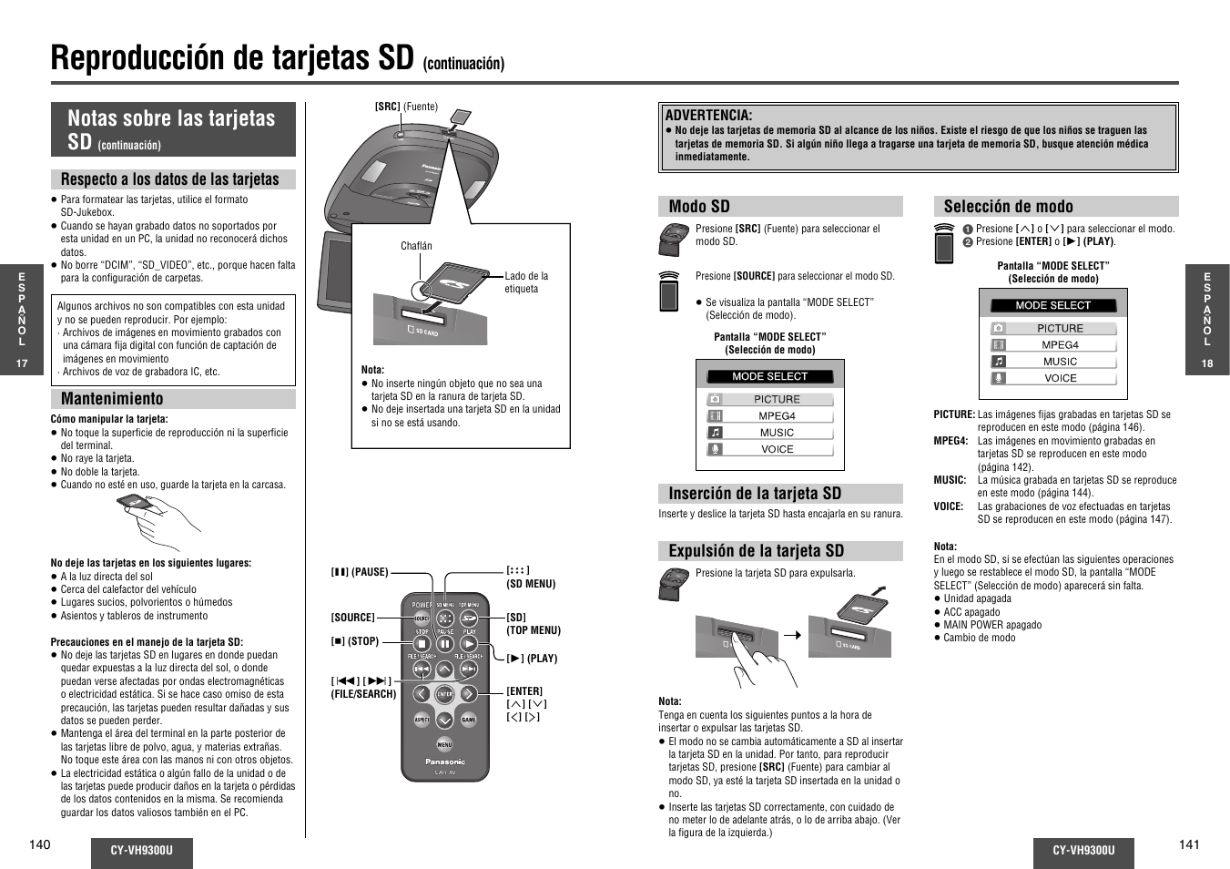Reproducción de tarjetas sd, Notas sobre las tarjetas sd | Panasonic CY-VH9300U User Manual | Page 71 / 83