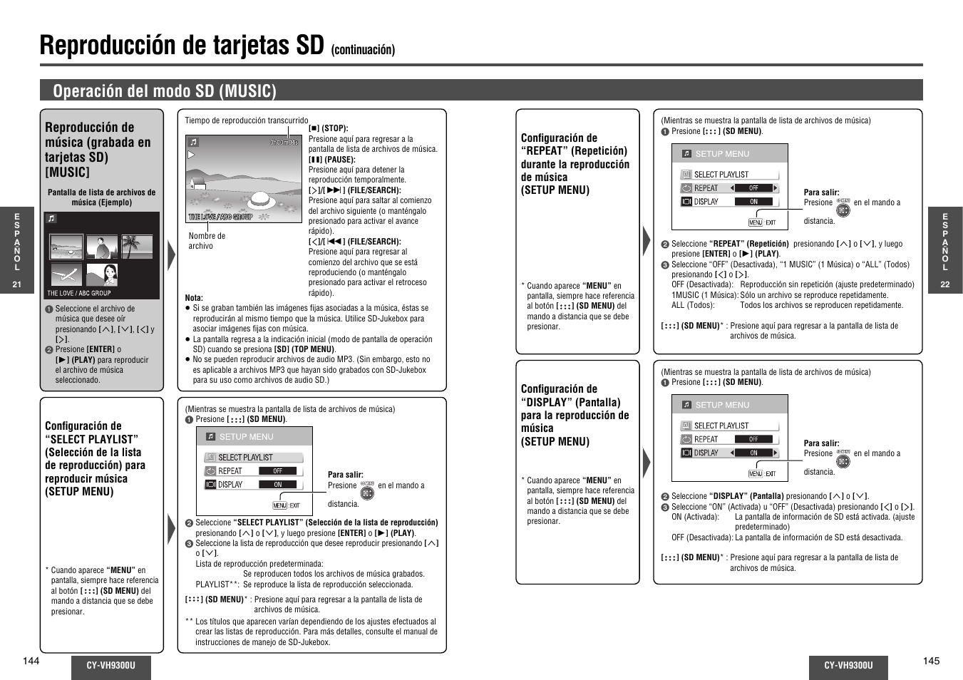 Reproducción de tarjetas sd, Operación del modo sd (music), Continuación) | Panasonic CY-VH9300U User Manual | Page 73 / 83