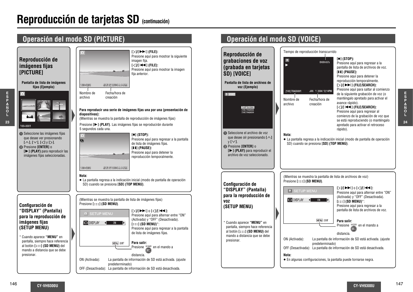 Reproducción de tarjetas sd, Operación del modo sd (picture), Operación del modo sd (voice) | Continuación), Reproducción de imágenes fi jas [picture | Panasonic CY-VH9300U User Manual | Page 74 / 83