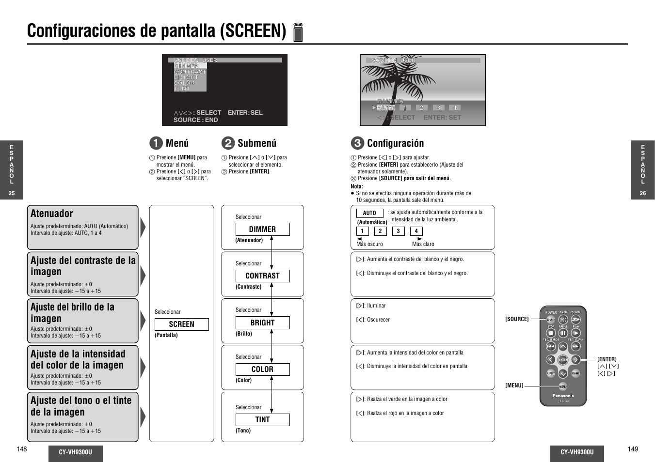 Configuraciones de pantalla (screen), Confi guraciones de pantalla (screen), Menú atenuador | Confi guración ajuste del contraste de la imagen, Ajuste del brillo de la imagen, Ajuste de la intensidad del color de la imagen, Ajuste del tono o el tinte de la imagen, Submenú | Panasonic CY-VH9300U User Manual | Page 75 / 83