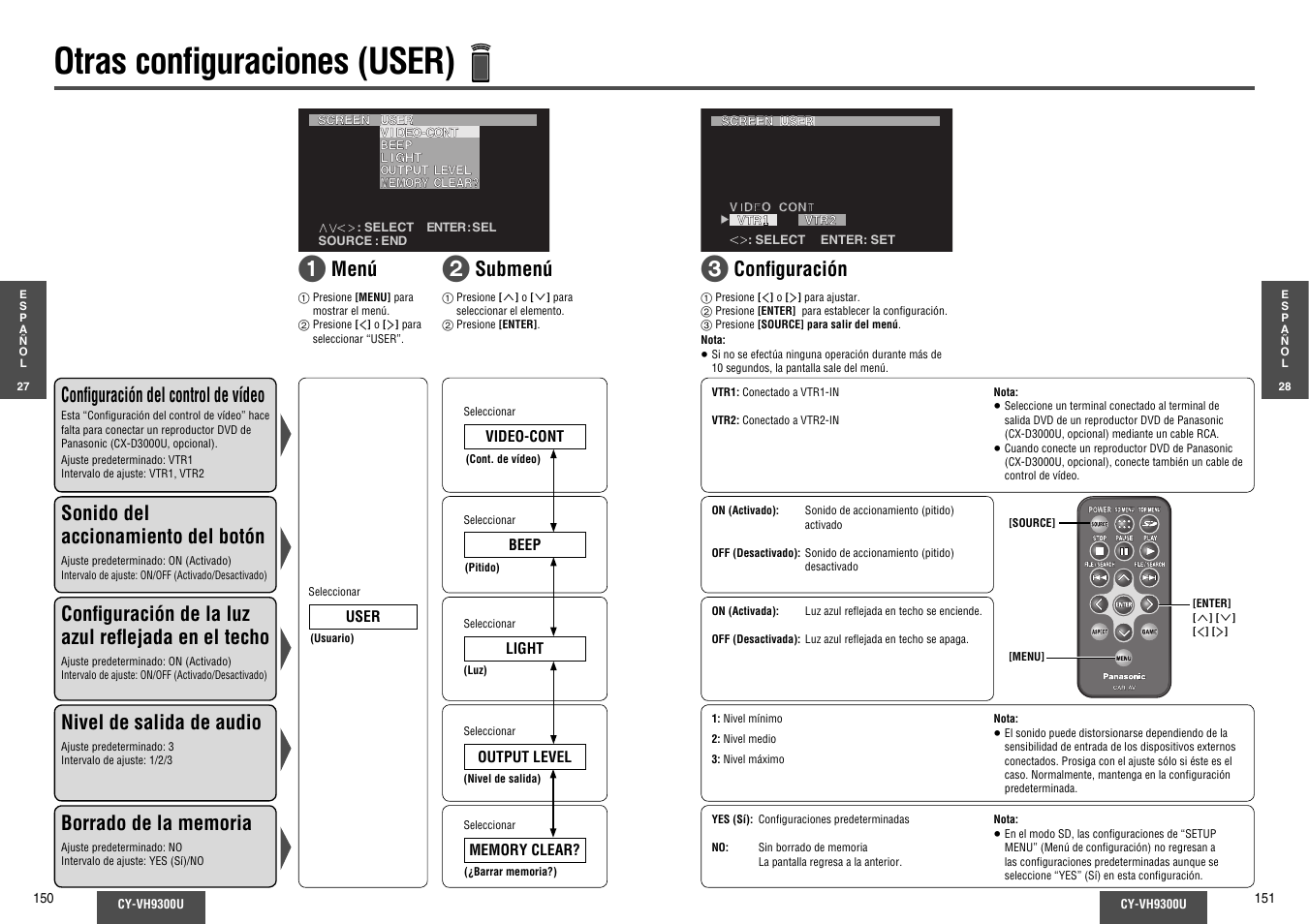 Otras configuraciones (user), Otras confi guraciones (user), Menú confi guración del control de vídeo | Confi guración sonido del accionamiento del botón, Nivel de salida de audio, Submenú | Panasonic CY-VH9300U User Manual | Page 76 / 83