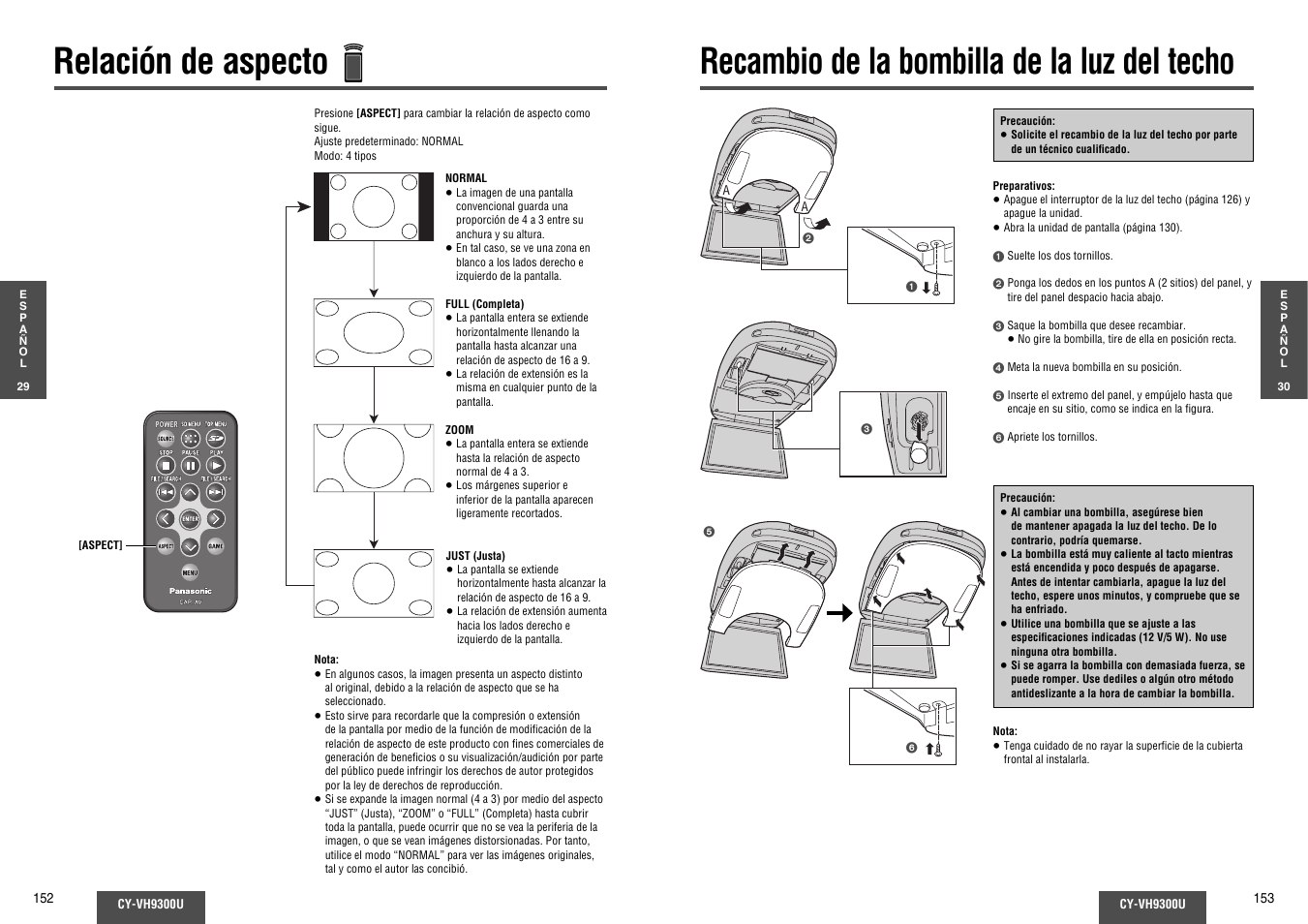 Relacion de aspecto, Recambio de la bombilla de la luz del techo, Relación de aspecto | Panasonic CY-VH9300U User Manual | Page 77 / 83
