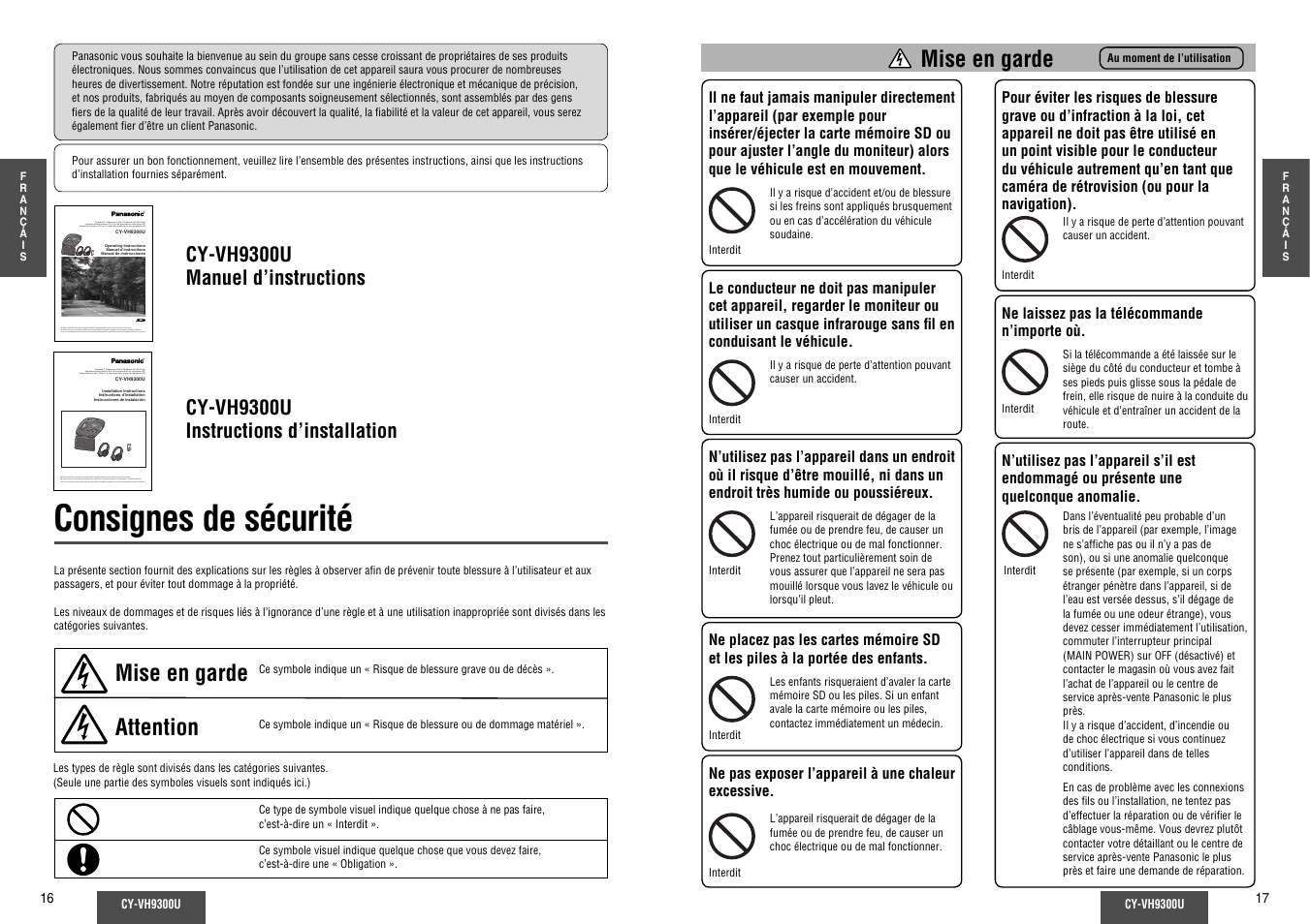 Consignes de securite, Consignes de sécurité, Mise en garde | Attention | Panasonic CY-VH9300U User Manual | Page 9 / 83