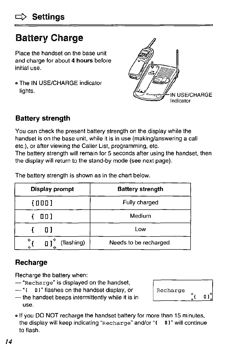 Battery strength, Recharge, C::i> settings battery charge | Panasonic KX-TC1731B User Manual | Page 14 / 70