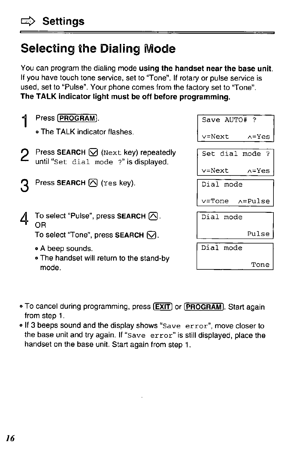 Selecting the dialing mode, Settings | Panasonic KX-TC1731B User Manual | Page 16 / 70