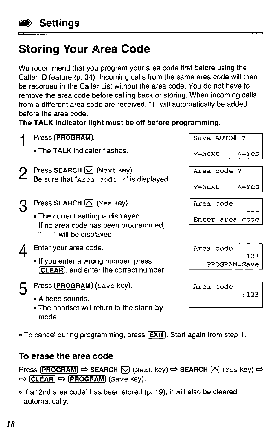 To erase the area code, Settings storing your area code | Panasonic KX-TC1731B User Manual | Page 18 / 70