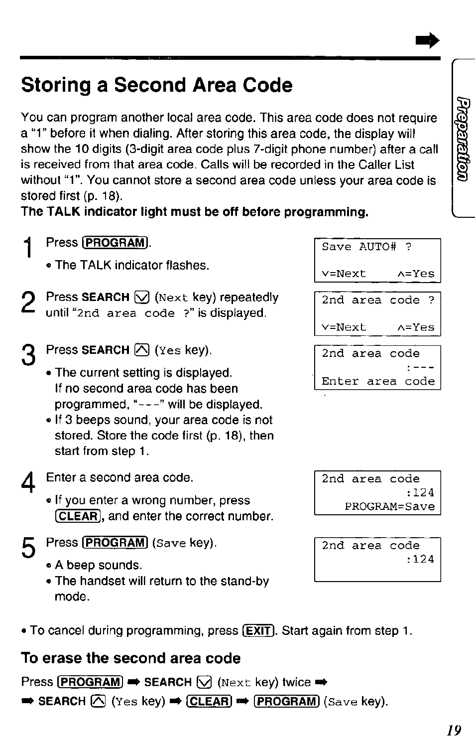 To erase the second area code, Storing a second area code | Panasonic KX-TC1731B User Manual | Page 19 / 70