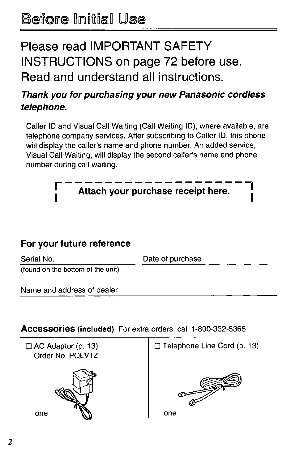 J attach your purchase receipt here. j, For your future reference | Panasonic KX-TC1731B User Manual | Page 2 / 70
