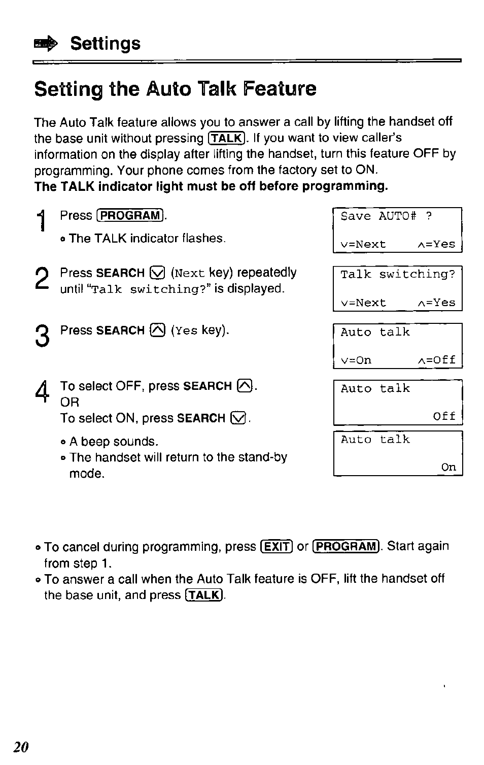 Settings setting the auto talk feature | Panasonic KX-TC1731B User Manual | Page 20 / 70