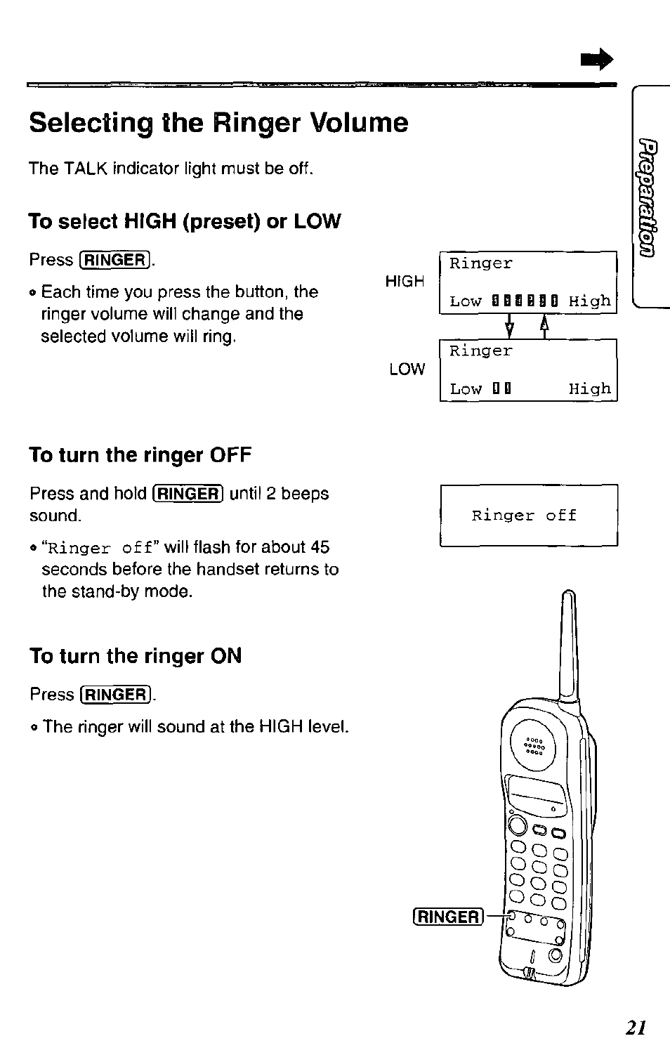 To select high (preset) or low, To turn the ringer off, To turn the ringer on | Selecting the ringer volume | Panasonic KX-TC1731B User Manual | Page 21 / 70