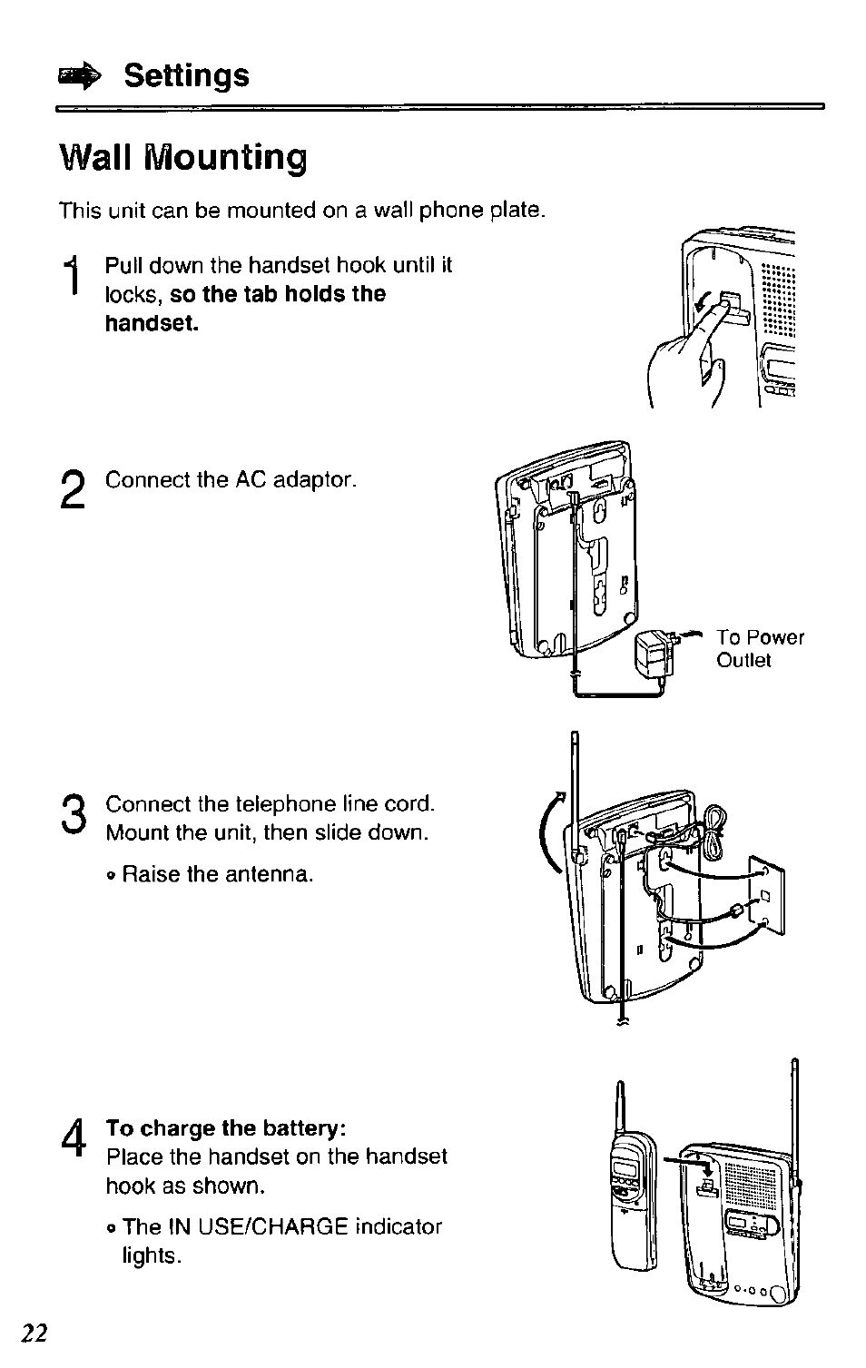 To charge the battery, Settings wall fvlounting | Panasonic KX-TC1731B User Manual | Page 22 / 70