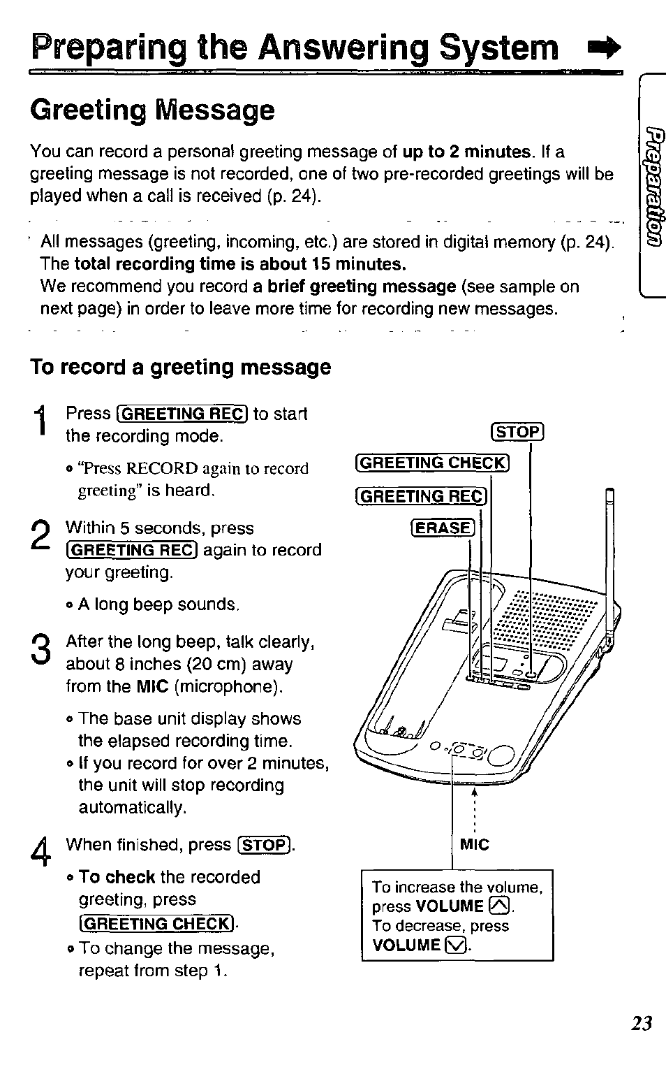 Preparing the answering system, To record a greeting message, Preparing the | Answering system, Greeting message | Panasonic KX-TC1731B User Manual | Page 23 / 70