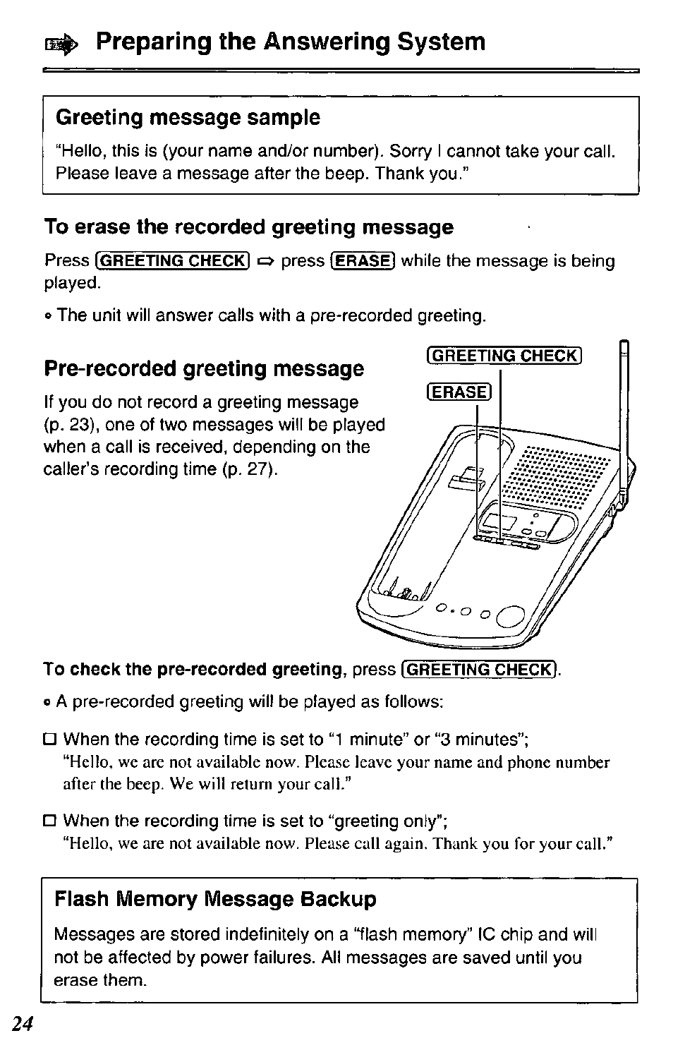 Preparing the answering system, Greeting message sample, To erase the recorded greeting message | Pre-recorded greeting message, Flash memory message backup, Greeting message | Panasonic KX-TC1731B User Manual | Page 24 / 70