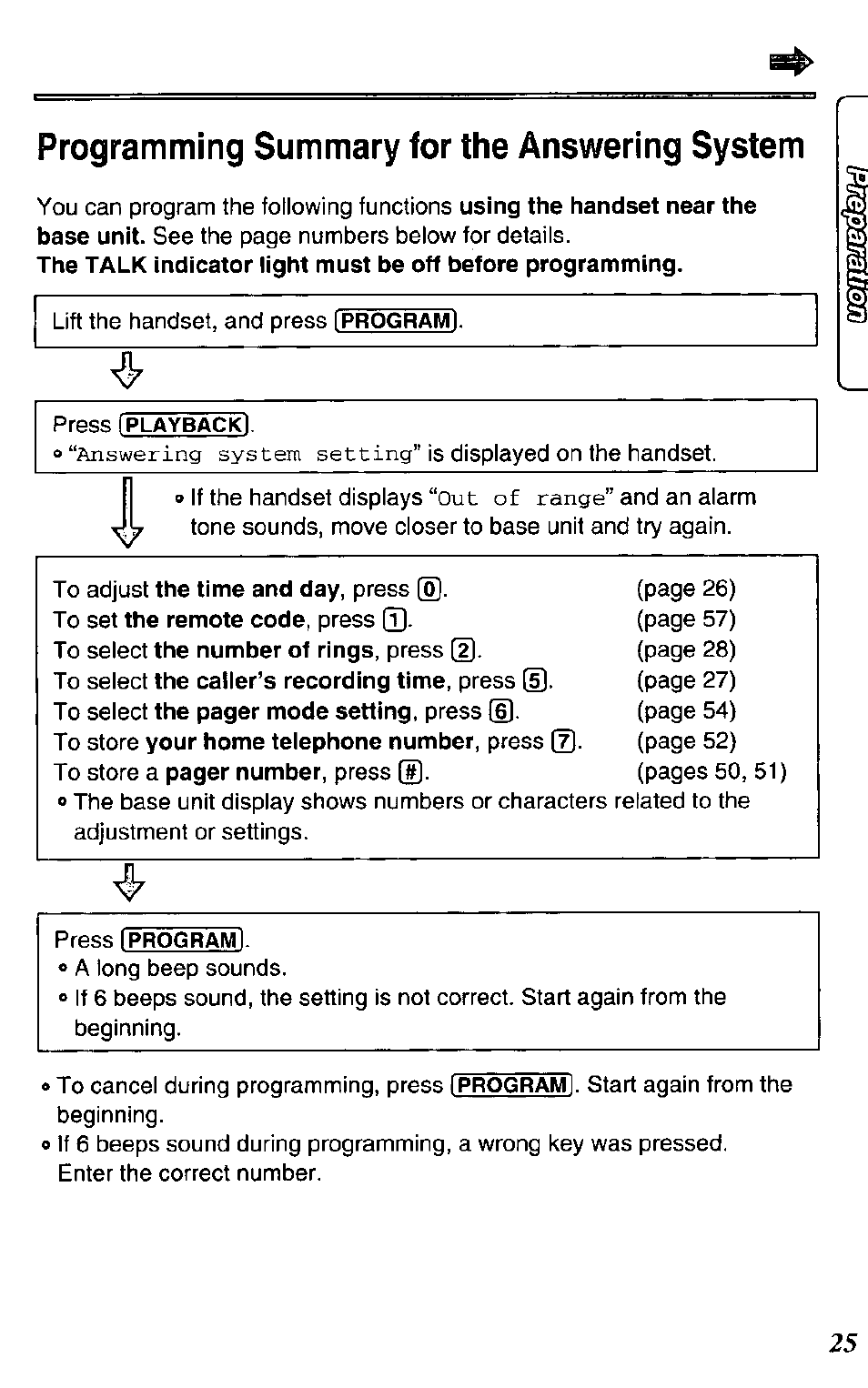 Programming summary for the answering system | Panasonic KX-TC1731B User Manual | Page 25 / 70
