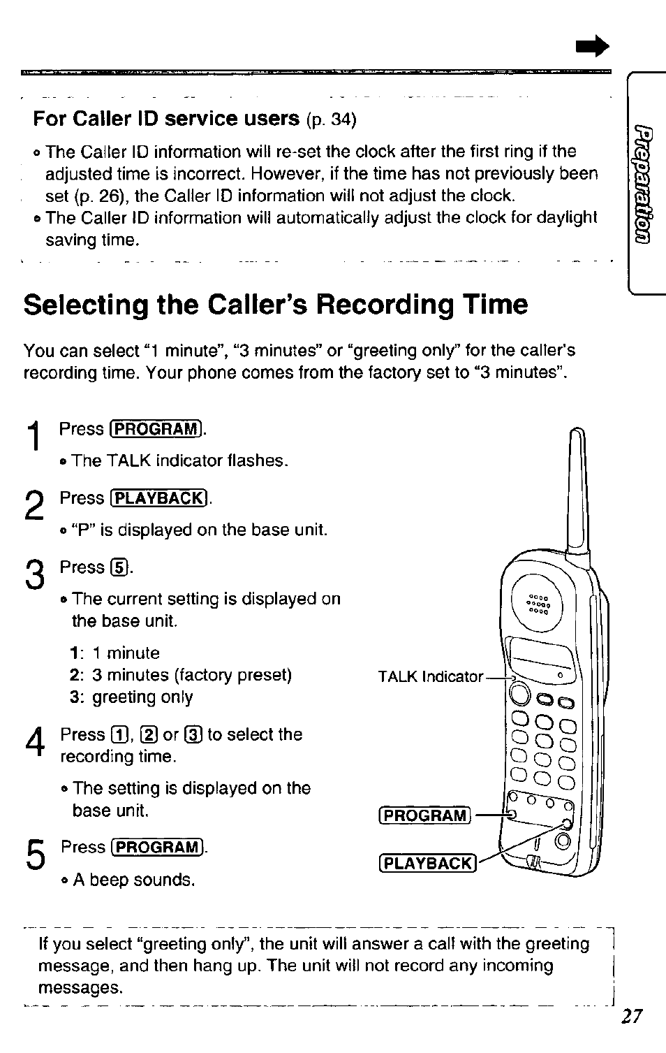 For caller id service users (p. 34), Selecting the caller’s recording time | Panasonic KX-TC1731B User Manual | Page 27 / 70