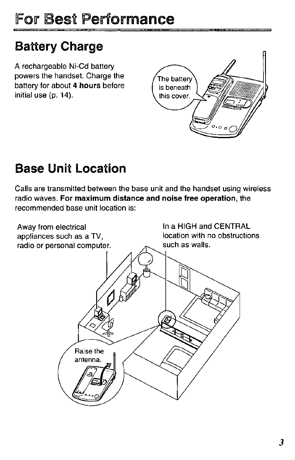 For best performance, Battery charge, Base unit location | Panasonic KX-TC1731B User Manual | Page 3 / 70