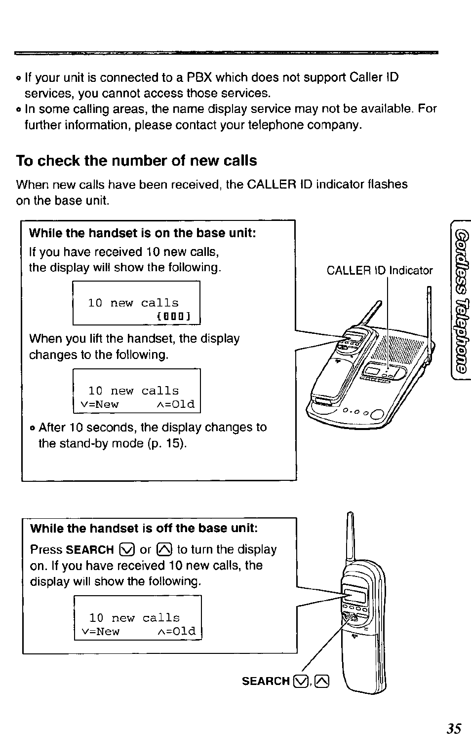 To check the number of new calls, While the handset is on the base unit, While the handset is off the base unit | Panasonic KX-TC1731B User Manual | Page 35 / 70