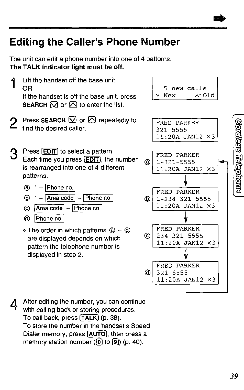 Editing the caller’s phone number | Panasonic KX-TC1731B User Manual | Page 39 / 70