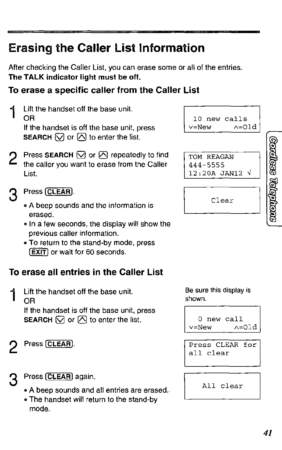 To erase a specific caller from the caller list, To erase all entries in the caller list, Erasing the caller list information | Panasonic KX-TC1731B User Manual | Page 41 / 70