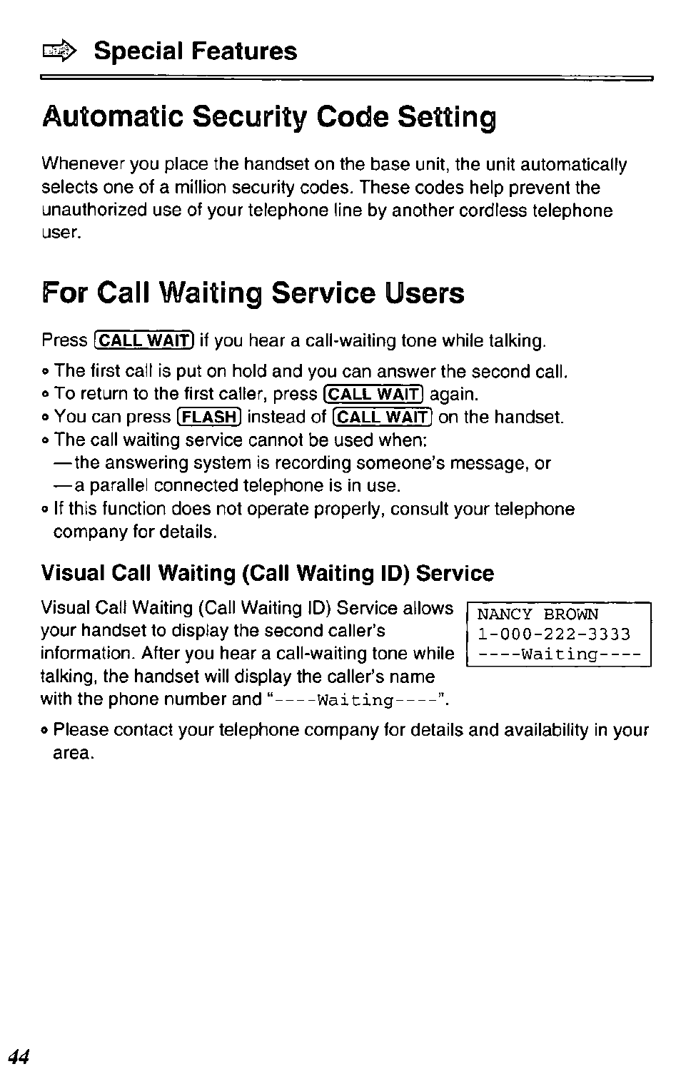 Special features, Visual call waiting (call waiting id) service, Special features automatic security code setting | For cail waiting service users | Panasonic KX-TC1731B User Manual | Page 44 / 70