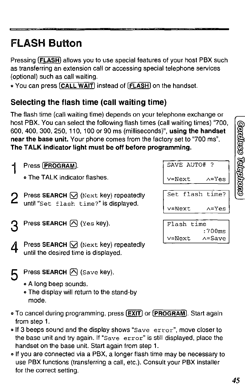 Selecting the flash time (call waiting time), Flash button | Panasonic KX-TC1731B User Manual | Page 45 / 70