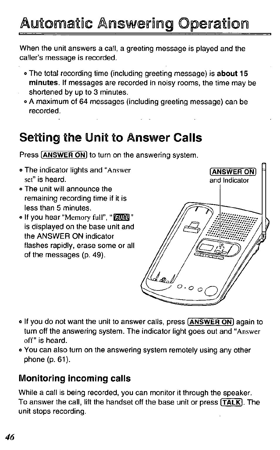 Monitoring incoming calls, Automatoe answering operation, Setting the unit to answer cails | Panasonic KX-TC1731B User Manual | Page 46 / 70