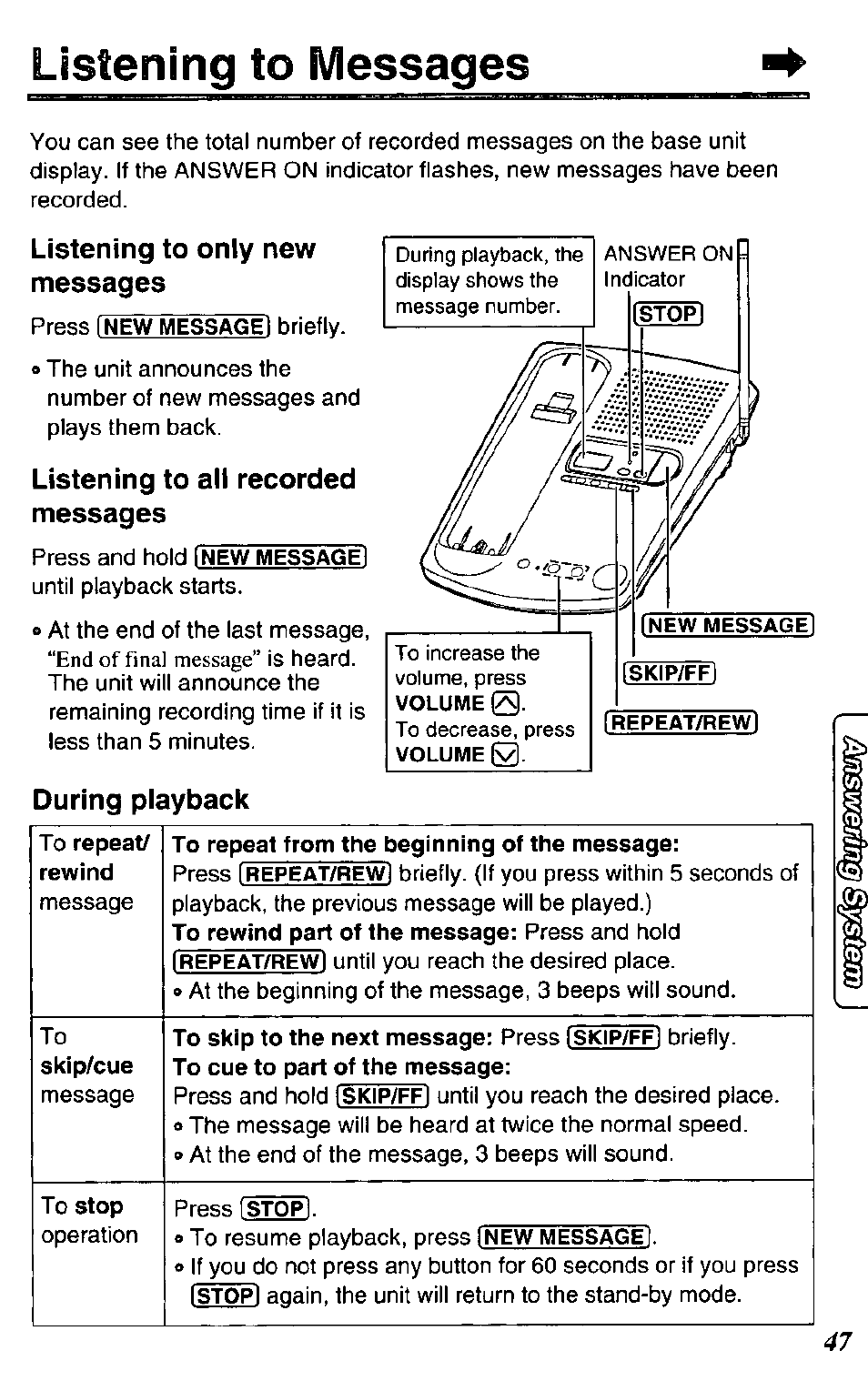 Listening to messages, Listening to only new messages, Listening to all recorded messages | During playback | Panasonic KX-TC1731B User Manual | Page 47 / 70
