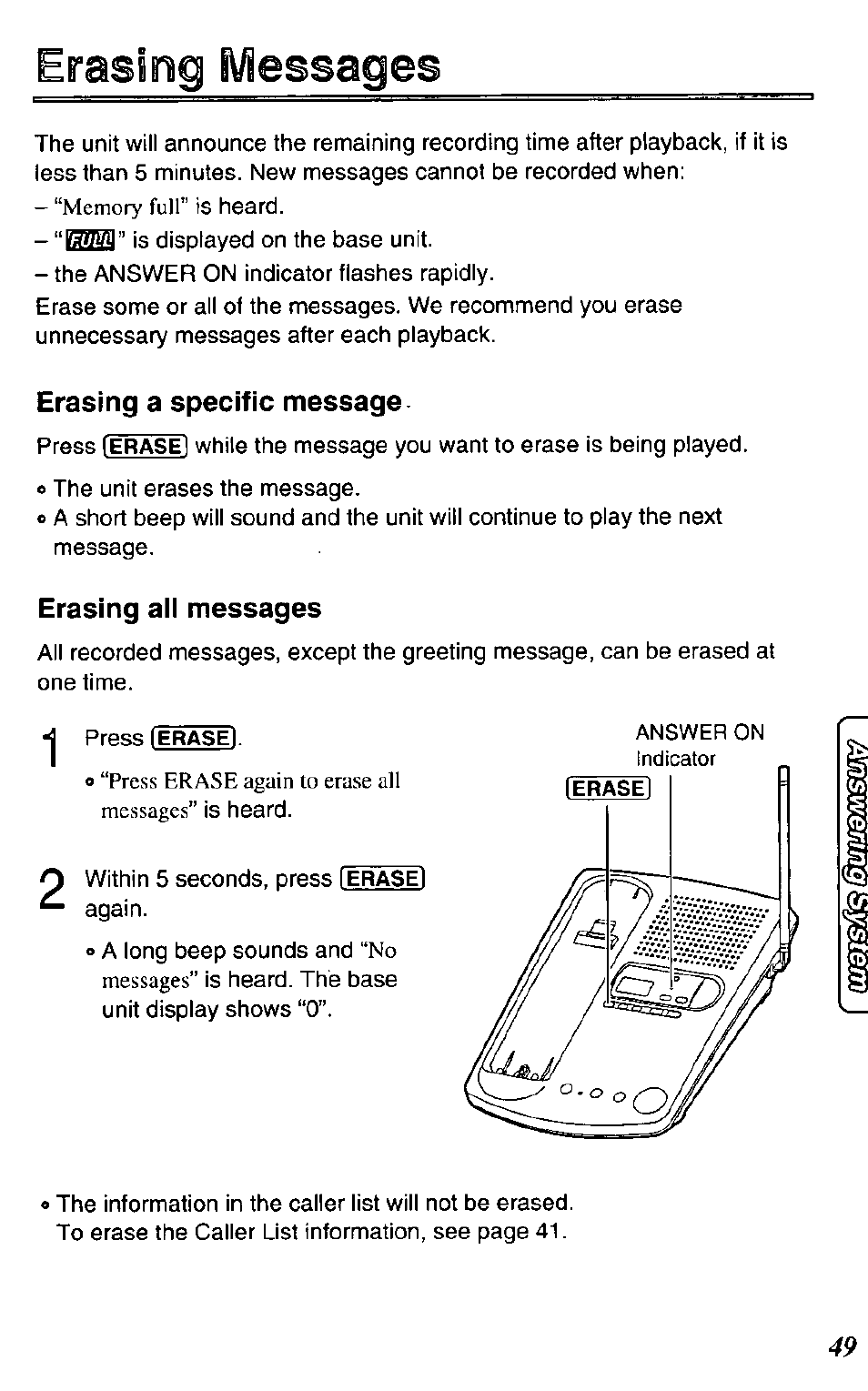 Erasing a specific message, Erasing all messages, Erasing messages | Panasonic KX-TC1731B User Manual | Page 49 / 70