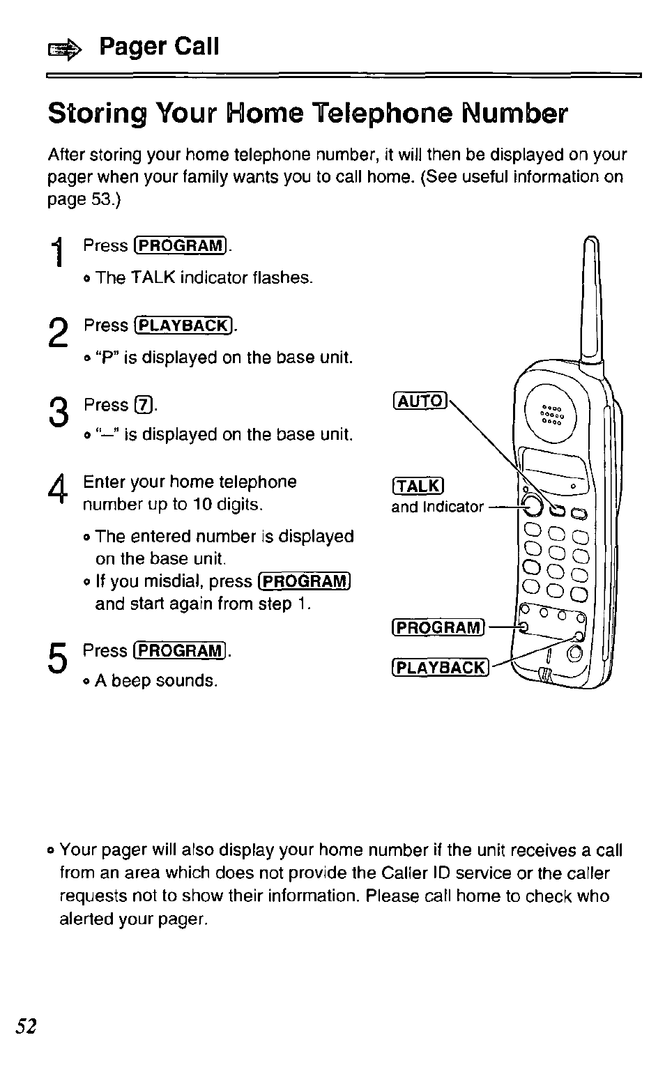 Pager call storing your home telephone number | Panasonic KX-TC1731B User Manual | Page 52 / 70