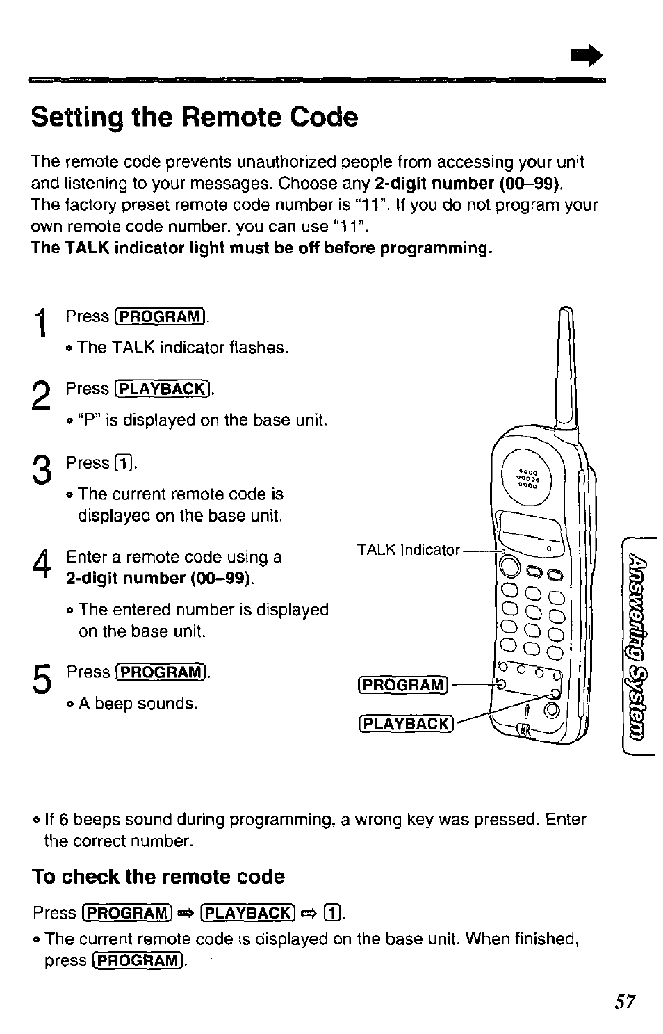 Press [playback), Press (program), To check the remote code | Press iprogram) [playback) o [t), Setting the remote code | Panasonic KX-TC1731B User Manual | Page 57 / 70