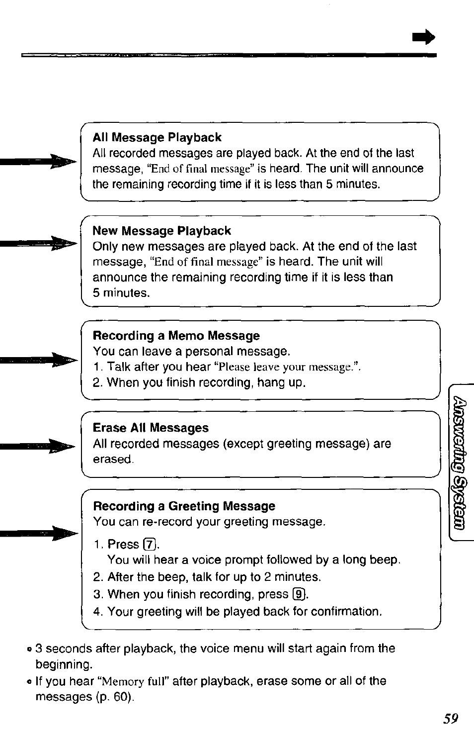 All message playback, New message playback, Recording a memo message | Erase all messages, Recording a greeting message | Panasonic KX-TC1731B User Manual | Page 59 / 70