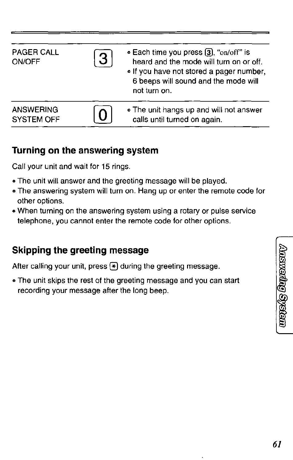 Turning on the answering system, Skipping the greeting message | Panasonic KX-TC1731B User Manual | Page 61 / 70