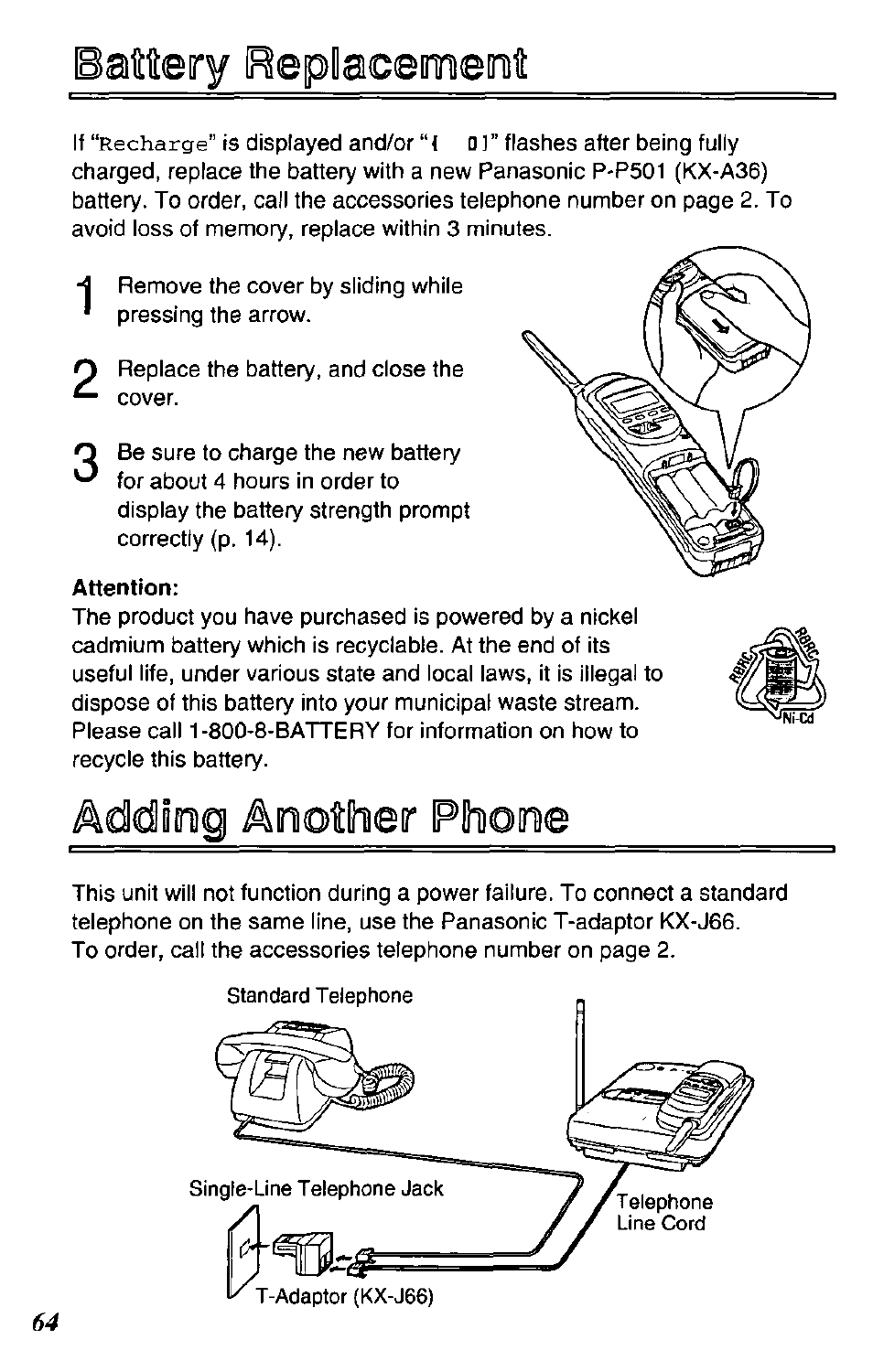 Battery repdacemeot, Adding anoiheir phone | Panasonic KX-TC1731B User Manual | Page 64 / 70
