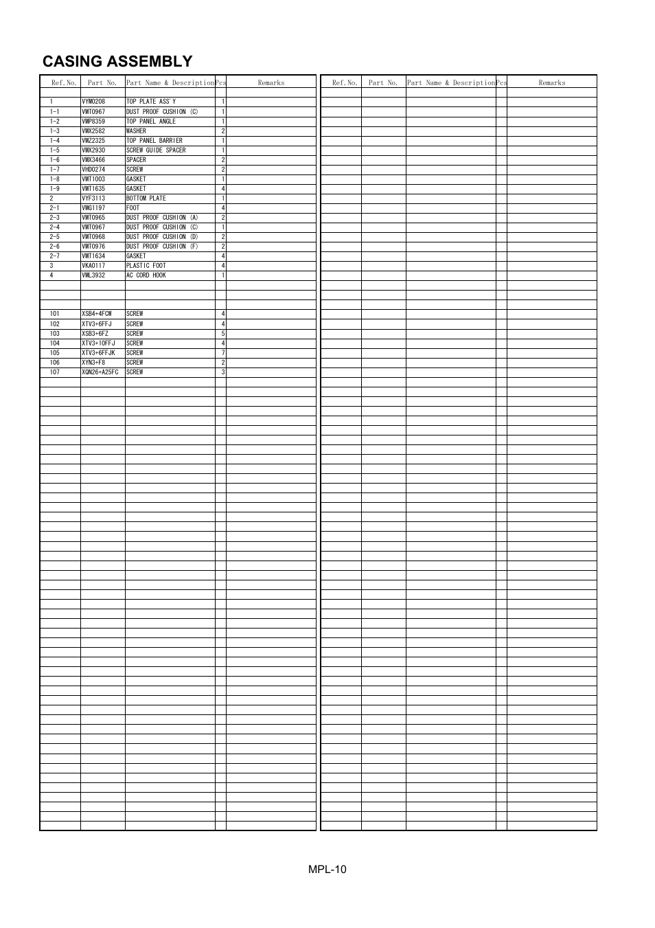 Casing assembly, Mpl-10 | Panasonic AJ-HD1400MC User Manual | Page 11 / 19